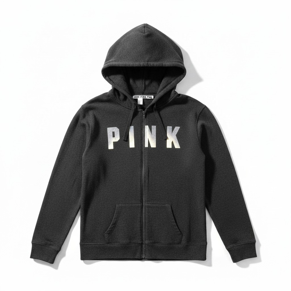 Pink Victorias Secret Oversized Logo Spellout Full Zip Hoodie Black XS Y2k Sport